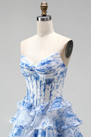 Laden Sie das Bild in den Galerie-Viewer, Blaues Langes A-Linie Korsett Gestuftes Gerüschendes Chiffon Ballkleid mit Rüschen
