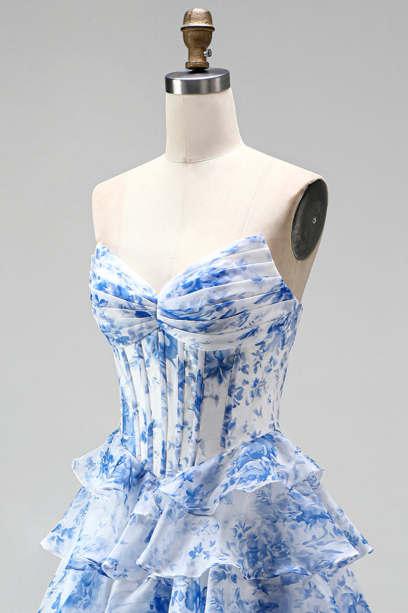 Laden Sie das Bild in den Galerie-Viewer, Blaues Langes A-Linie Korsett Gestuftes Gerüschendes Chiffon Ballkleid mit Rüschen