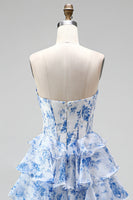 Laden Sie das Bild in den Galerie-Viewer, Blaues Langes A-Linie Korsett Gestuftes Gerüschendes Chiffon Ballkleid mit Rüschen