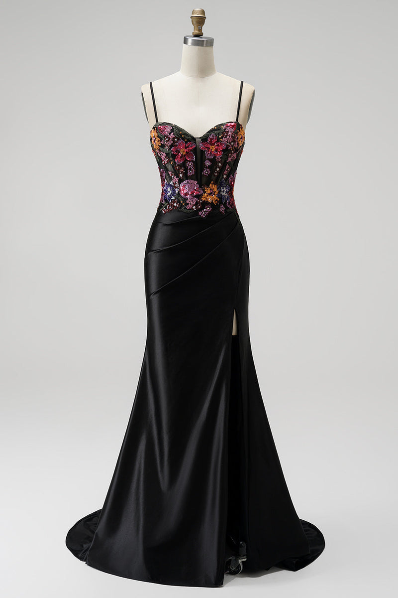 Laden Sie das Bild in den Galerie-Viewer, Schwarz Meerjungfrau Pailletten Stickerei Corsage Satin Spaghettiträger Langes Abiballkleid mit Schlitz