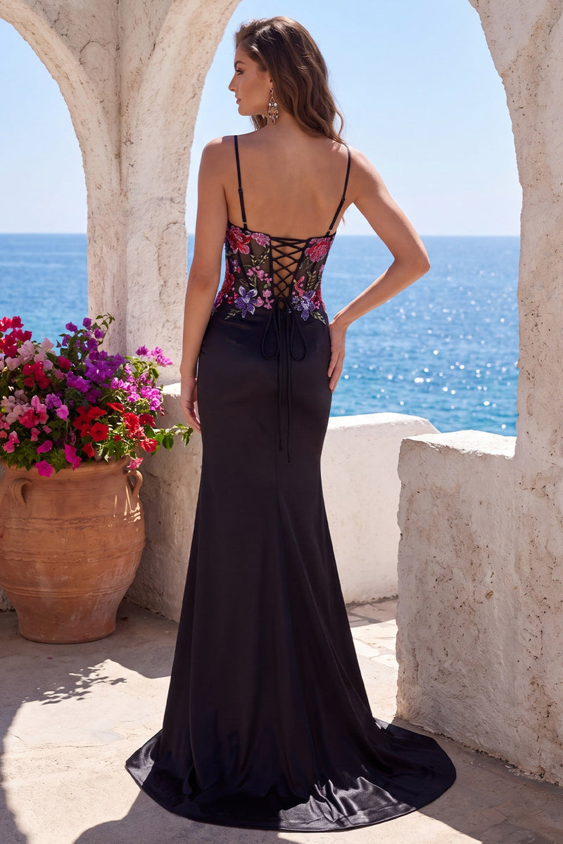 Laden Sie das Bild in den Galerie-Viewer, Schwarz Meerjungfrau Pailletten Stickerei Corsage Satin Spaghettiträger Langes Abiballkleid mit Schlitz