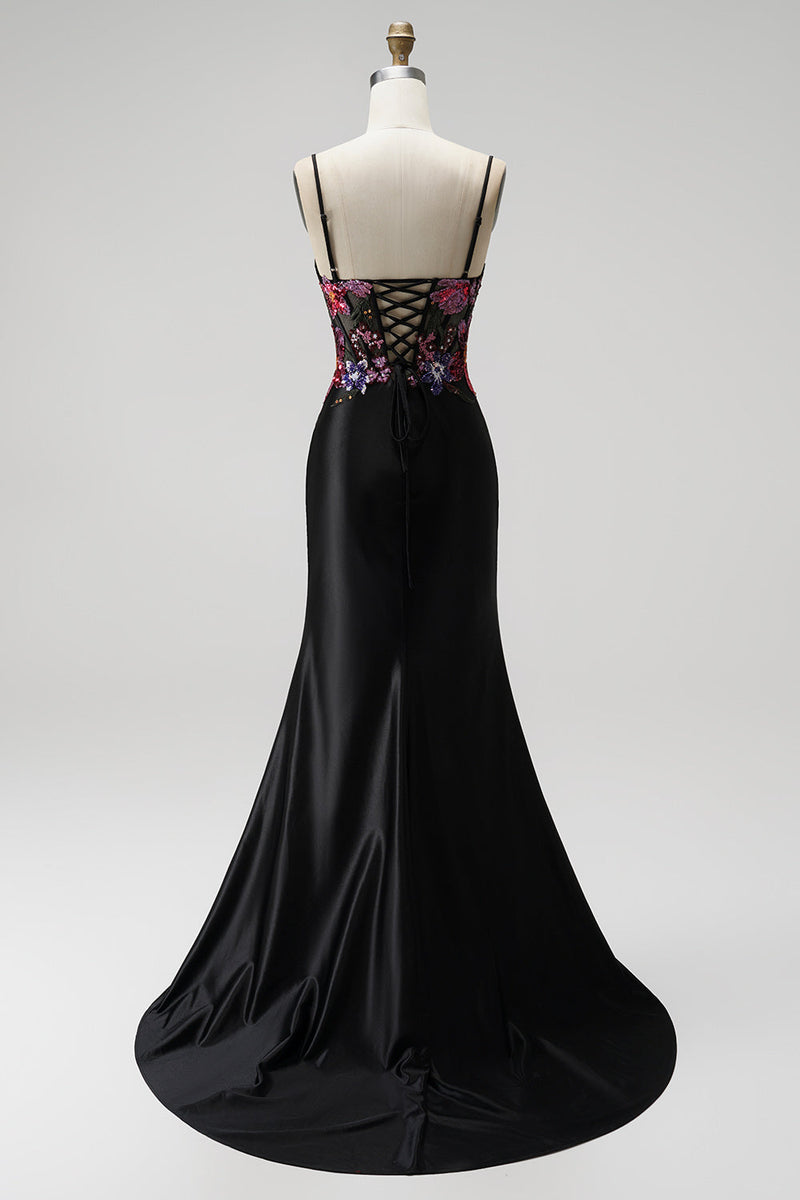 Laden Sie das Bild in den Galerie-Viewer, Schwarz Meerjungfrau Pailletten Stickerei Corsage Satin Spaghettiträger Langes Abiballkleid mit Schlitz