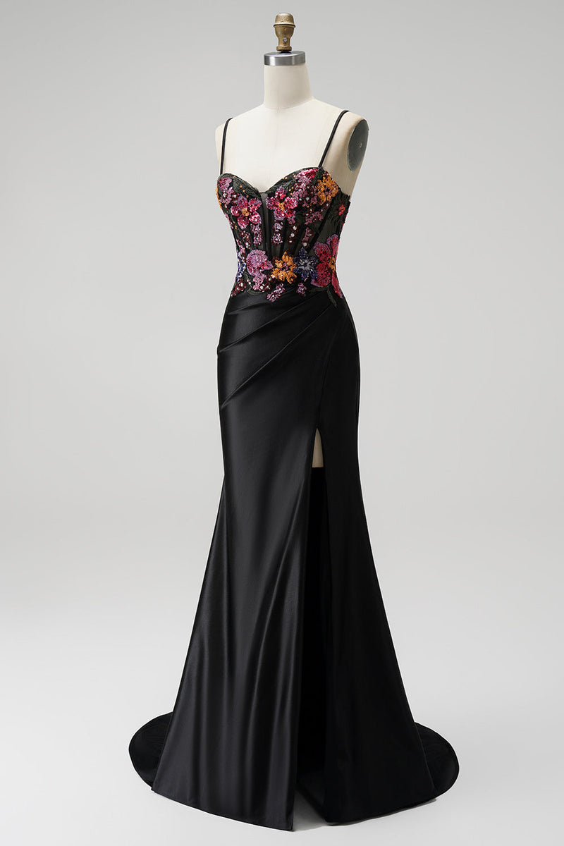 Laden Sie das Bild in den Galerie-Viewer, Schwarz Meerjungfrau Pailletten Stickerei Corsage Satin Spaghettiträger Langes Abiballkleid mit Schlitz