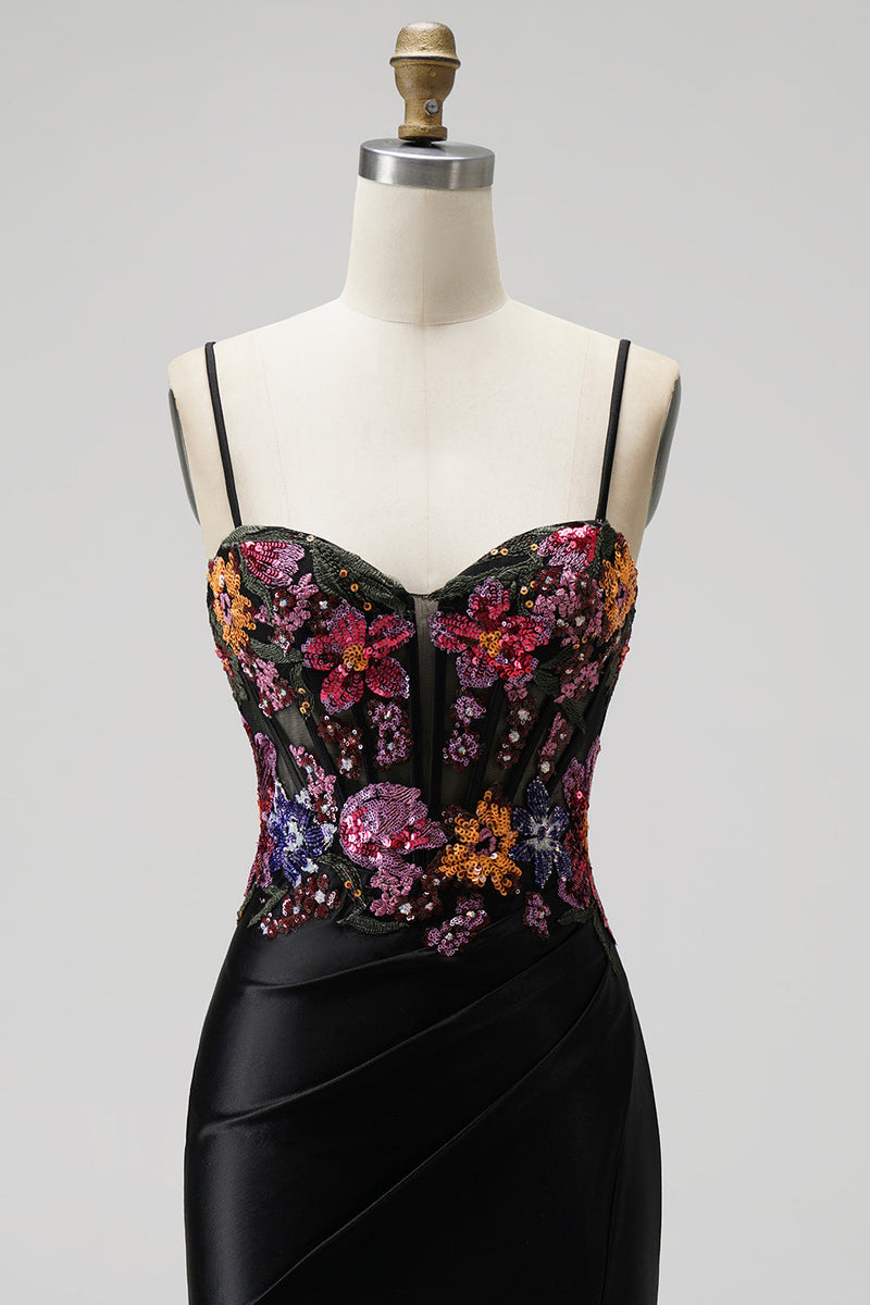 Laden Sie das Bild in den Galerie-Viewer, Schwarz Meerjungfrau Pailletten Stickerei Corsage Satin Spaghettiträger Langes Abiballkleid mit Schlitz