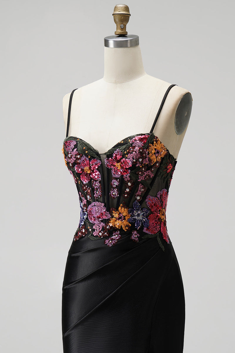 Laden Sie das Bild in den Galerie-Viewer, Schwarz Meerjungfrau Pailletten Stickerei Corsage Satin Spaghettiträger Langes Abiballkleid mit Schlitz