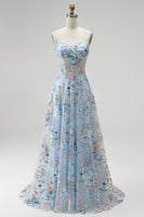 Laden Sie das Bild in den Galerie-Viewer, Blau A-Linien Corsage Transparent Blumenmuster Stickerei Spaghettiträger Langes Abiballkleid