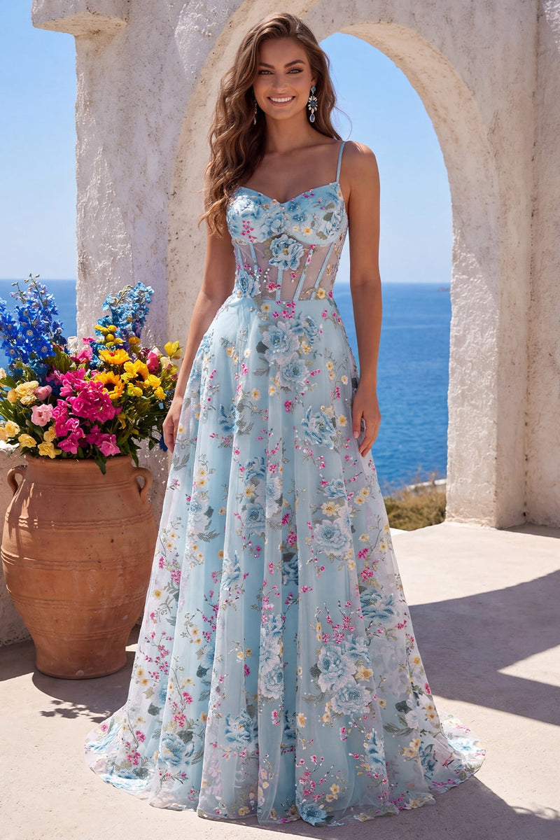 Laden Sie das Bild in den Galerie-Viewer, Blau A-Linien Corsage Transparent Blumenmuster Stickerei Spaghettiträger Langes Abiballkleid