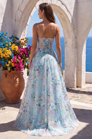 Laden Sie das Bild in den Galerie-Viewer, Blau A-Linien Corsage Transparent Blumenmuster Stickerei Spaghettiträger Langes Abiballkleid