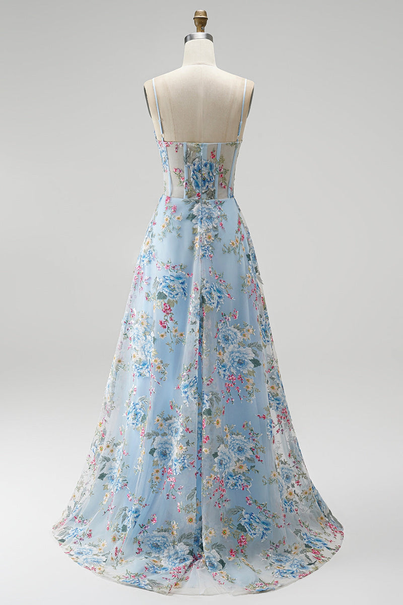 Laden Sie das Bild in den Galerie-Viewer, Blau A-Linien Corsage Transparent Blumenmuster Stickerei Spaghettiträger Langes Abiballkleid