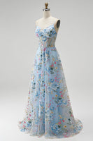 Laden Sie das Bild in den Galerie-Viewer, Blau A-Linien Corsage Transparent Blumenmuster Stickerei Spaghettiträger Langes Abiballkleid