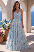 Laden Sie das Bild in den Galerie-Viewer, Blau A-Linien Corsage Transparent Blumenmuster Stickerei Spaghettiträger Langes Abiballkleid