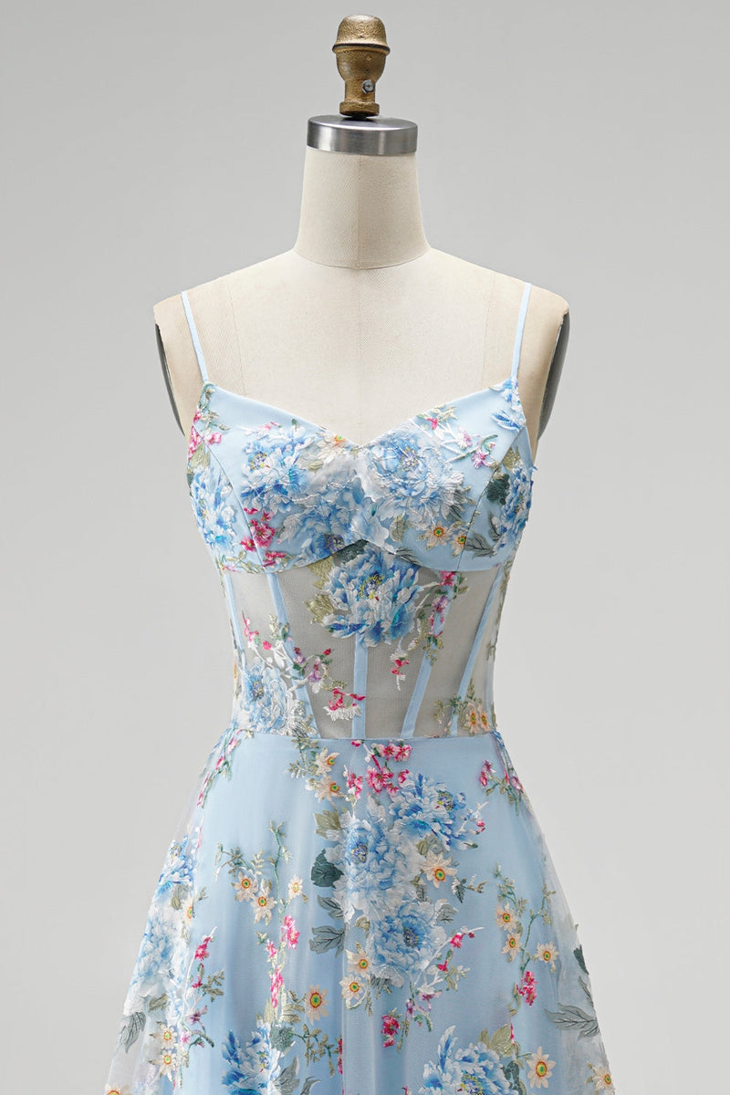 Laden Sie das Bild in den Galerie-Viewer, Blau A-Linien Corsage Transparent Blumenmuster Stickerei Spaghettiträger Langes Abiballkleid