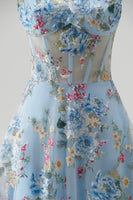 Laden Sie das Bild in den Galerie-Viewer, Blau A-Linien Corsage Transparent Blumenmuster Stickerei Spaghettiträger Langes Abiballkleid