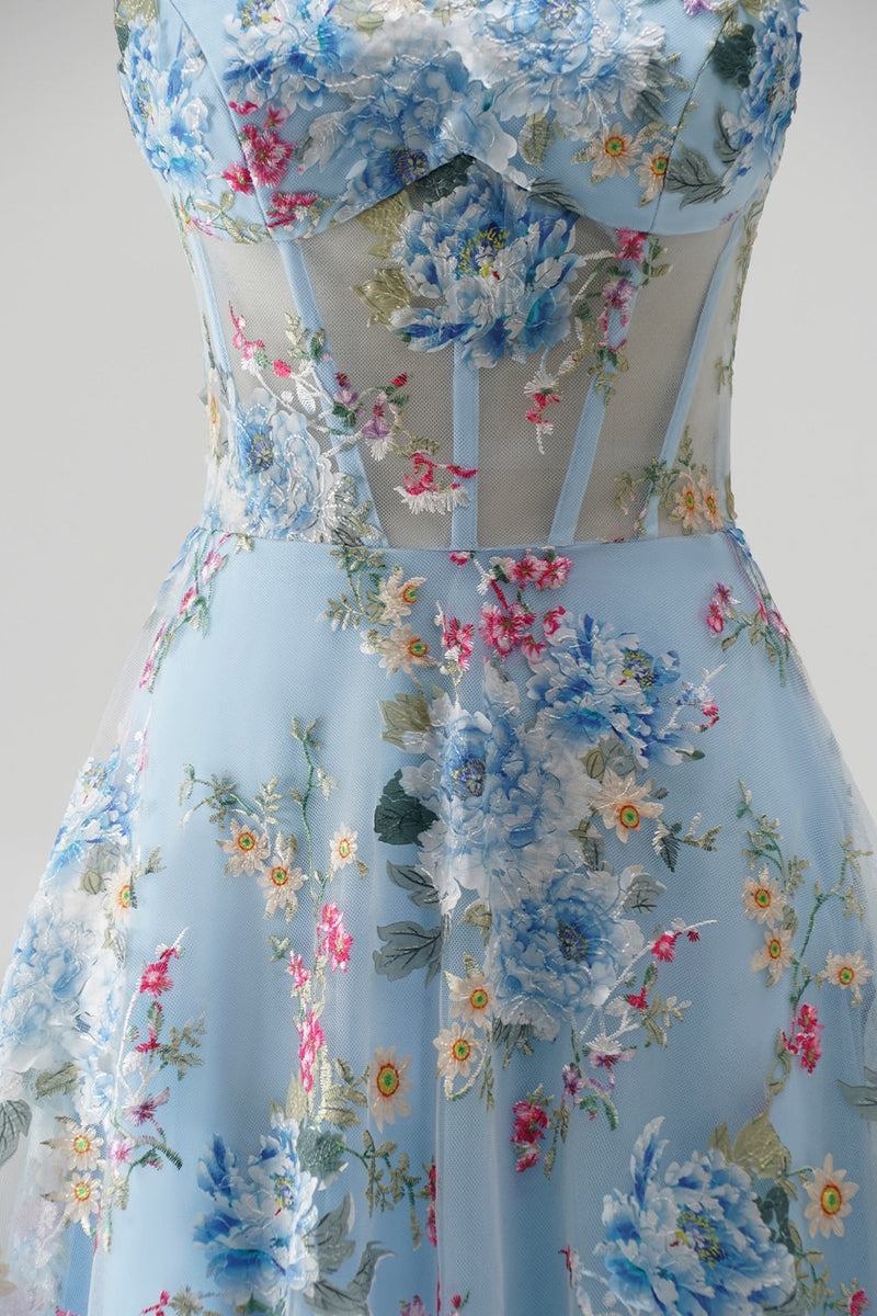 Laden Sie das Bild in den Galerie-Viewer, Blau A-Linien Corsage Transparent Blumenmuster Stickerei Spaghettiträger Langes Abiballkleid