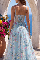 Laden Sie das Bild in den Galerie-Viewer, Blau A-Linien Corsage Transparent Blumenmuster Stickerei Spaghettiträger Langes Abiballkleid