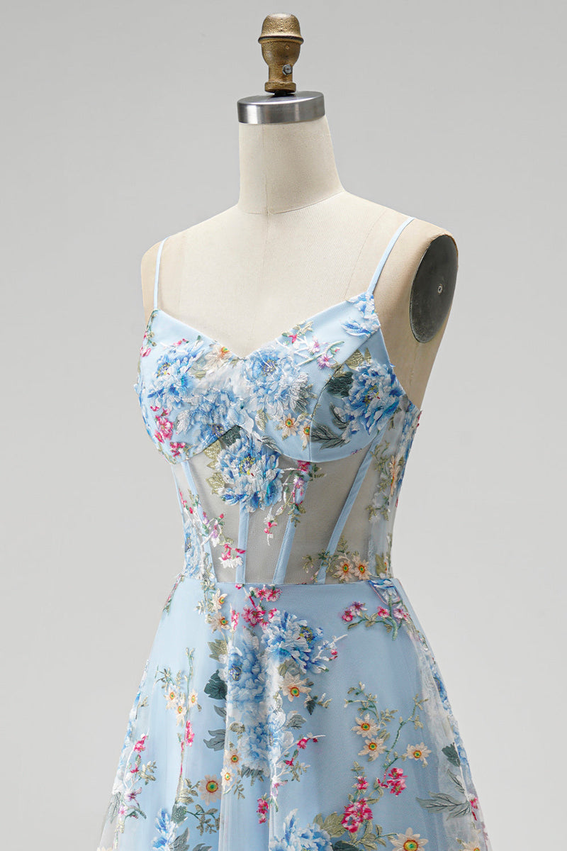 Laden Sie das Bild in den Galerie-Viewer, Blau A-Linien Corsage Transparent Blumenmuster Stickerei Spaghettiträger Langes Abiballkleid