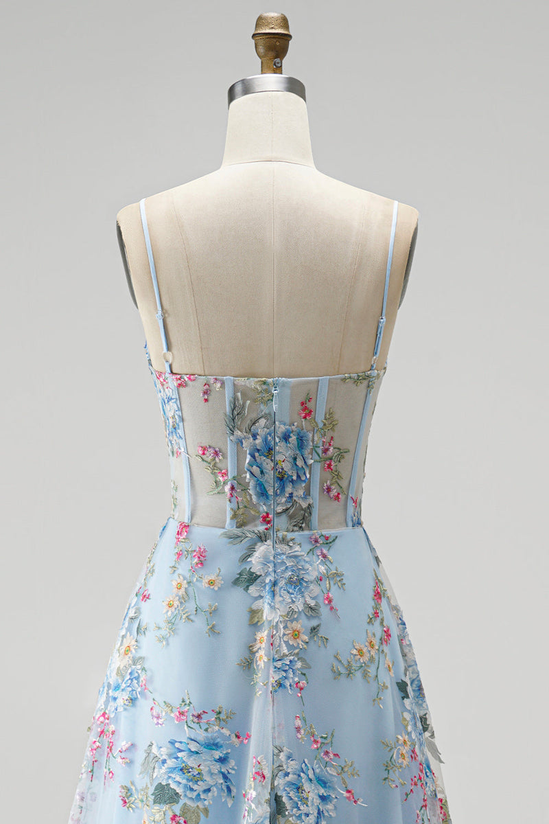 Laden Sie das Bild in den Galerie-Viewer, Blau A-Linien Corsage Transparent Blumenmuster Stickerei Spaghettiträger Langes Abiballkleid