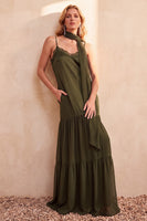 Laden Sie das Bild in den Galerie-Viewer, Oliv-Satin-Stufen mit Spaghetti-Trägern, Chiffon, langes Hochzeitskleid mit Taschen