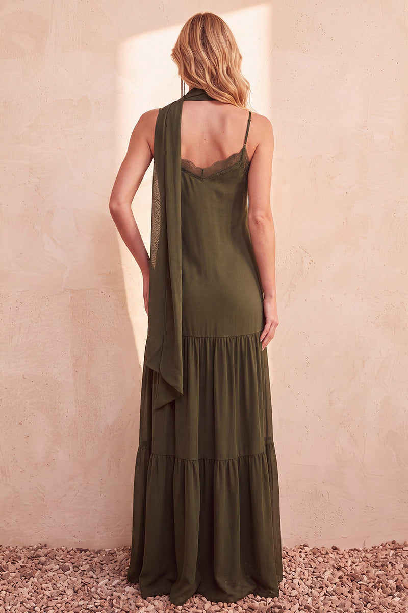 Laden Sie das Bild in den Galerie-Viewer, Oliv-Satin-Stufen mit Spaghetti-Trägern, Chiffon, langes Hochzeitskleid mit Taschen