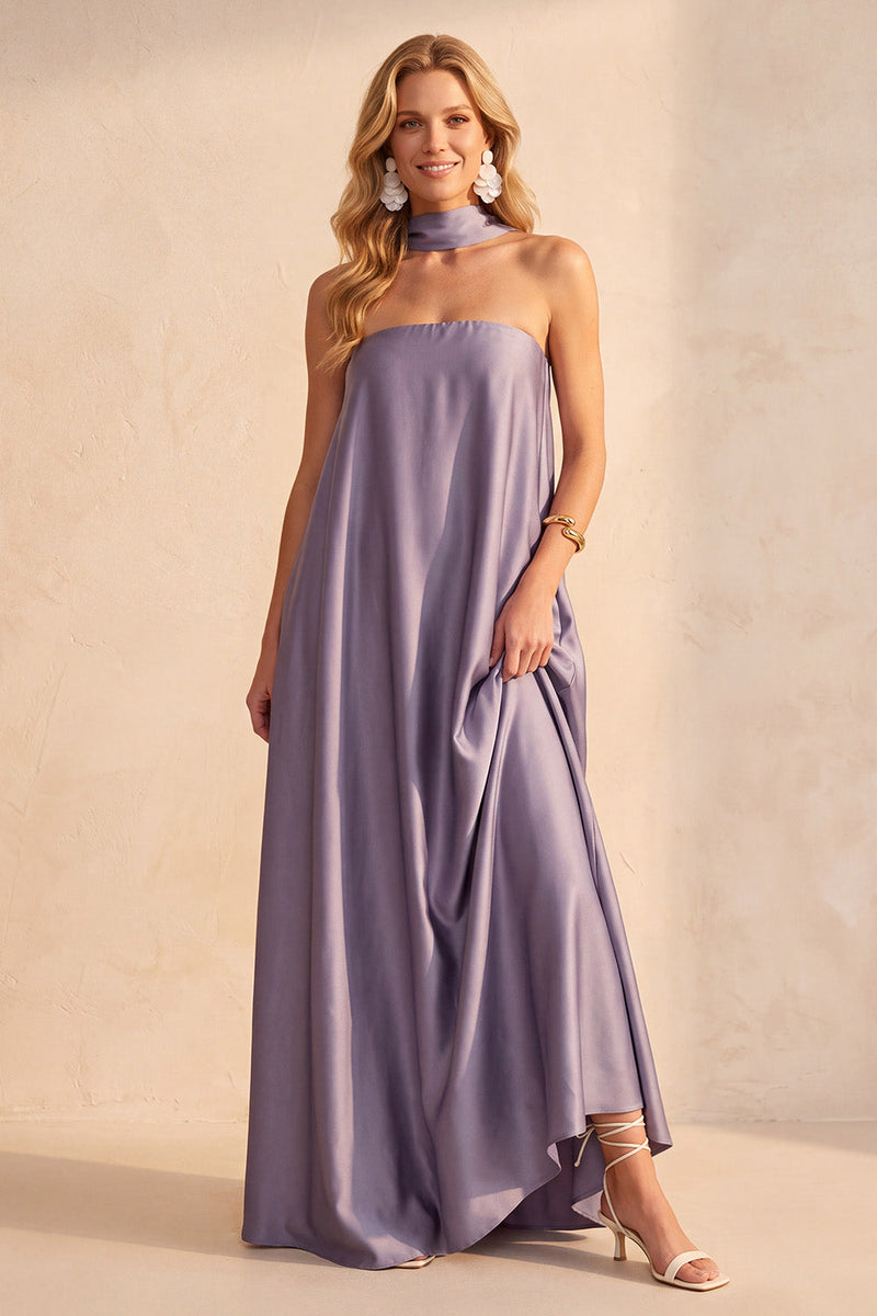 Laden Sie das Bild in den Galerie-Viewer, Hellviolettes Satin-A-Line trägerloses Maxi-Hochzeitskleid