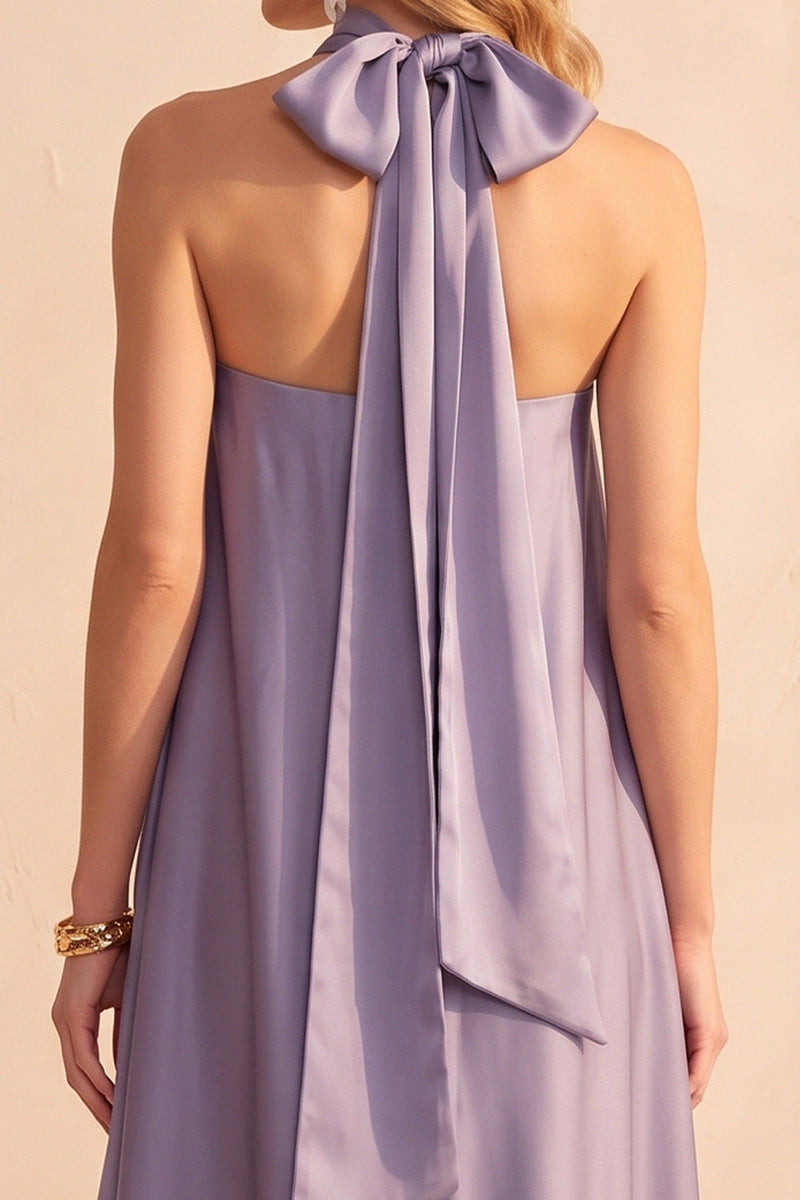 Laden Sie das Bild in den Galerie-Viewer, Hellviolettes Satin-A-Line trägerloses Maxi-Hochzeitskleid
