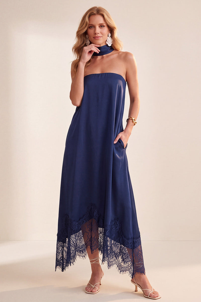 Laden Sie das Bild in den Galerie-Viewer, Navy A-Line Satin trägerloses Midi-Hochzeitskleid mit Spitze