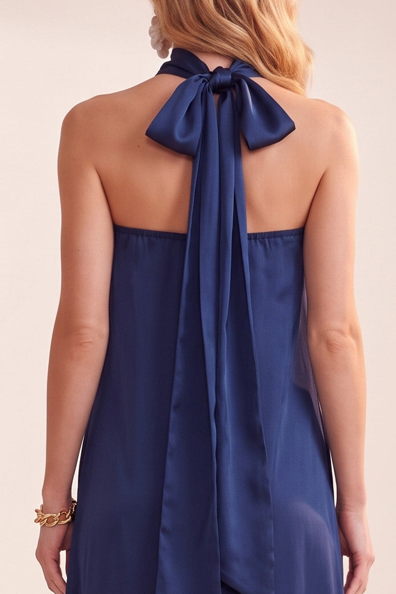 Laden Sie das Bild in den Galerie-Viewer, Navy A-Line Satin trägerloses Midi-Hochzeitskleid mit Spitze
