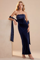 Laden Sie das Bild in den Galerie-Viewer, Marineblau Corsage Samt Etuikleid Ohne Träger Maxi Kleid für Hochzeitsgast mit Spitze