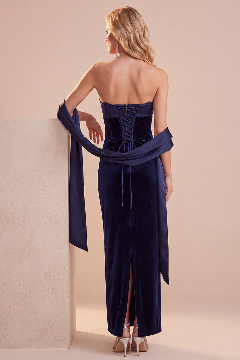 Laden Sie das Bild in den Galerie-Viewer, Marineblau Corsage Samt Etuikleid Ohne Träger Maxi Kleid für Hochzeitsgast mit Spitze