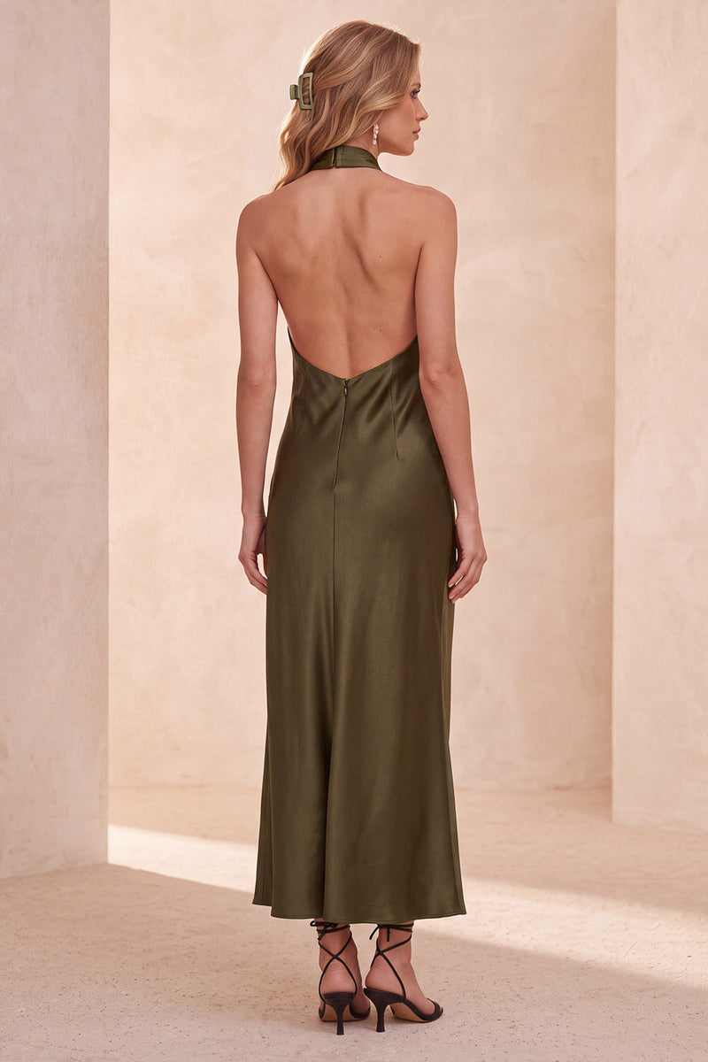 Laden Sie das Bild in den Galerie-Viewer, Olivfarbene Halter-Scheide Satin, langes Hochzeitskleid mit Taschen