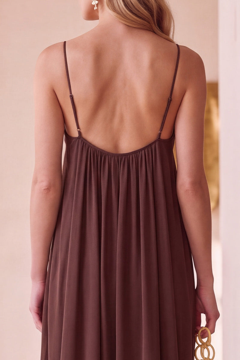 Laden Sie das Bild in den Galerie-Viewer, Coffee A-Line, geraffte Chiffon Spaghettiträger lange Hochzeitskleid