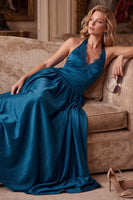 Laden Sie das Bild in den Galerie-Viewer, Peacock Blue A-Line-Satin-Falten-Brautgästekleid mit Spitze