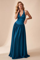 Laden Sie das Bild in den Galerie-Viewer, Peacock Blue A-Line-Satin-Falten-Brautgästekleid mit Spitze