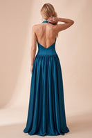 Laden Sie das Bild in den Galerie-Viewer, Peacock Blue A-Line-Satin-Falten-Brautgästekleid mit Spitze