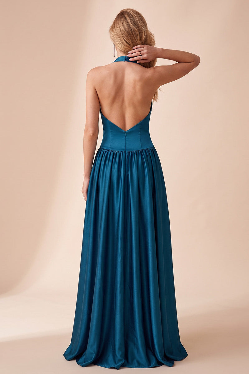 Laden Sie das Bild in den Galerie-Viewer, Peacock Blue A-Line-Satin-Falten-Brautgästekleid mit Spitze