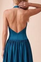 Laden Sie das Bild in den Galerie-Viewer, Peacock Blue A-Line-Satin-Falten-Brautgästekleid mit Spitze