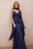 Laden Sie das Bild in den Galerie-Viewer, Marineblaues Satin-A-Line Chiffon Spaghetti-Träger Maxi-Hochzeitskleid mit Spitze