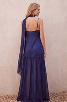 Laden Sie das Bild in den Galerie-Viewer, Marineblaues Satin-A-Line Chiffon Spaghetti-Träger Maxi-Hochzeitskleid mit Spitze