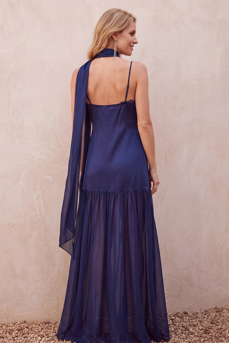 Laden Sie das Bild in den Galerie-Viewer, Marineblaues Satin-A-Line Chiffon Spaghetti-Träger Maxi-Hochzeitskleid mit Spitze