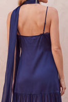 Laden Sie das Bild in den Galerie-Viewer, Marineblaues Satin-A-Line Chiffon Spaghetti-Träger Maxi-Hochzeitskleid mit Spitze