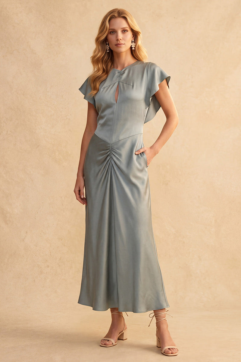 Laden Sie das Bild in den Galerie-Viewer, Staubiges blaues Scheiden-Flatter-Ärmel gerafftes Satin-Midi-Hochzeitskleid mit Taschen