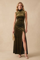 Laden Sie das Bild in den Galerie-Viewer, Olive Sheath Hochhals mit gerafftem Samt-Maxi-Hochzeitskleid mit Spitze