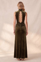 Laden Sie das Bild in den Galerie-Viewer, Olive Sheath Hochhals mit gerafftem Samt-Maxi-Hochzeitskleid mit Spitze