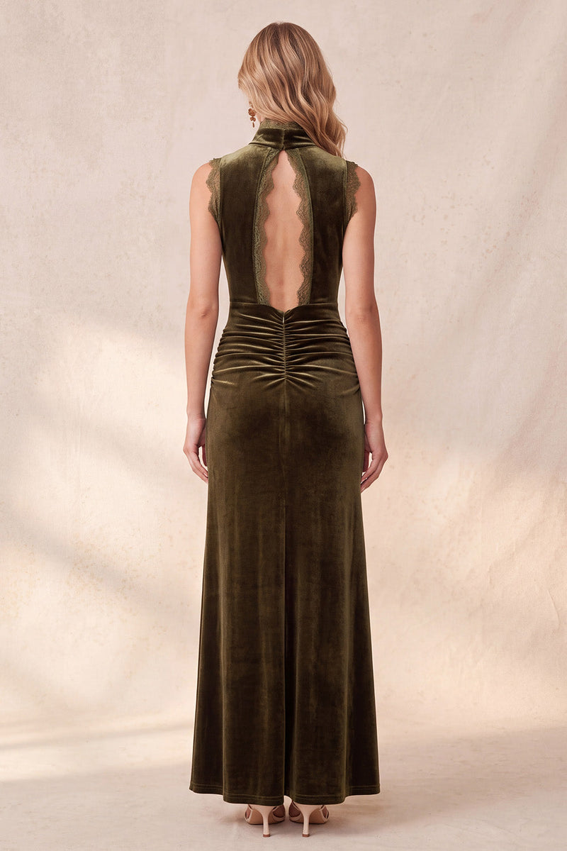 Laden Sie das Bild in den Galerie-Viewer, Olive Sheath Hochhals mit gerafftem Samt-Maxi-Hochzeitskleid mit Spitze