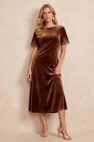 Laden Sie das Bild in den Galerie-Viewer, Kaffee Samt Rundhals Sheath Spitzen Kurzärmel Midi Kleid