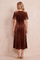 Laden Sie das Bild in den Galerie-Viewer, Kaffee Samt Rundhals Sheath Spitzen Kurzärmel Midi Kleid