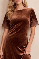 Laden Sie das Bild in den Galerie-Viewer, Kaffee Samt Rundhals Sheath Spitzen Kurzärmel Midi Kleid