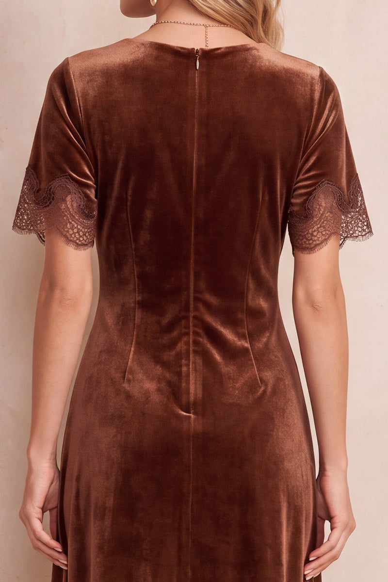 Laden Sie das Bild in den Galerie-Viewer, Kaffee Samt Rundhals Sheath Spitzen Kurzärmel Midi Kleid