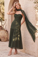 Laden Sie das Bild in den Galerie-Viewer, Olivgrün Figurbetont und ausgestellt Ohne Träger Perlenbesatz Chiffon Plissee Midi Kleid für Hochzeitsgast mit Cape