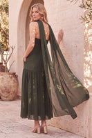 Laden Sie das Bild in den Galerie-Viewer, Olivgrün Figurbetont und ausgestellt Ohne Träger Perlenbesatz Chiffon Plissee Midi Kleid für Hochzeitsgast mit Cape